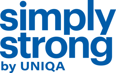 Auf einem weißem Hintergrund steht mit blauer Schriftfarbe "simply strong by UNIQA".