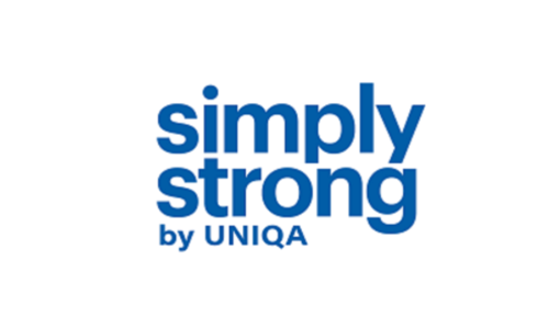 Auf einem weißem Hintergrund steht mit blauer Schriftfarbe "simply strong by UNIQA".