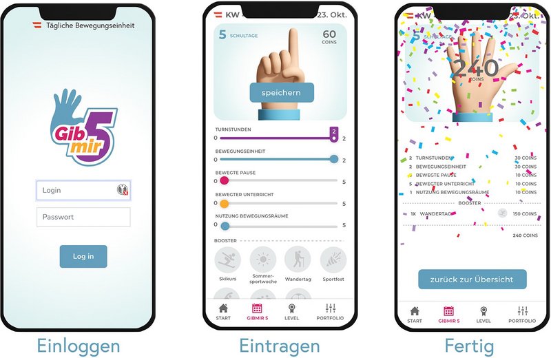 Bild von drei Smartphones die nebeneinander abgebildet sind. Das ist Display ist an. Am linken Handy sieht man den Startscreen der Gibmir-App, beim mittleren Handy sieht man wie bunte Punkte eingetragen werden. Beim rechten Handy wird die erfolgreiche Eingabe mit Konfetti dargestellt.